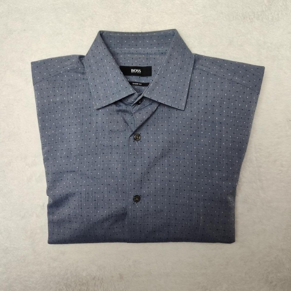 Hugo Boss Shirt Mens 15 Blue Geometric‎ Slim Sharp Point Collar Marley Chambray